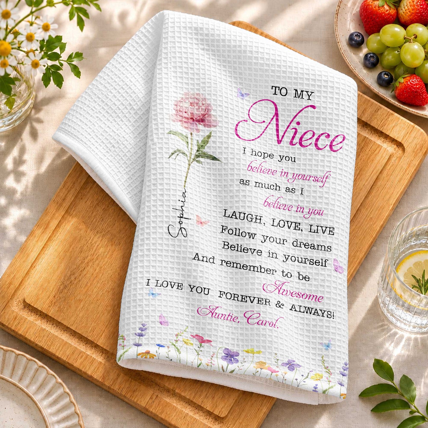 To My Niece Believe In Yourself With Pink Birth Flower - Personalized Kitchen Towel - NCE094_TOWL