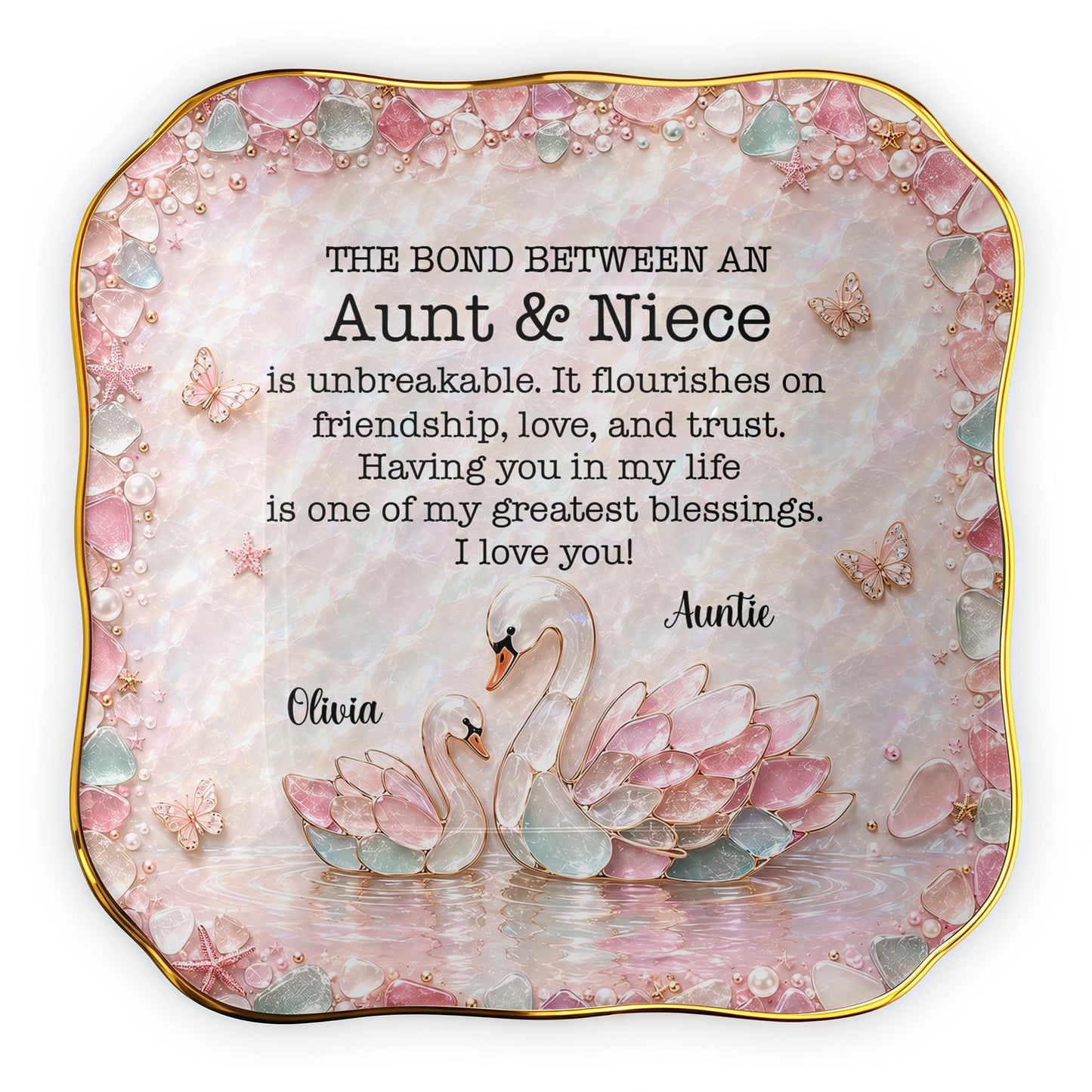 Aunt & Niece Is Unbreakable, Custom Name 3D Sea Glass Swans - Personalized Lace Square Jewelry Dish - NCE098_LCRF