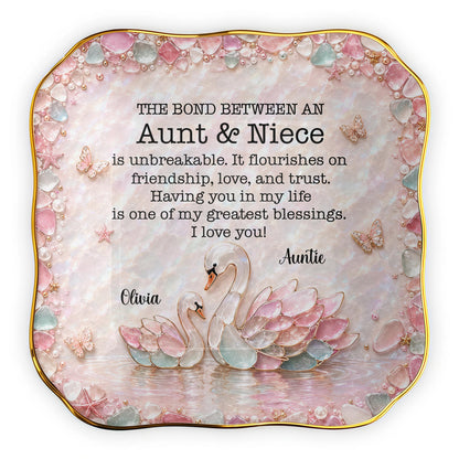 Aunt & Niece Is Unbreakable, Custom Name 3D Sea Glass Swans - Personalized Lace Square Jewelry Dish - NCE098_LCRF