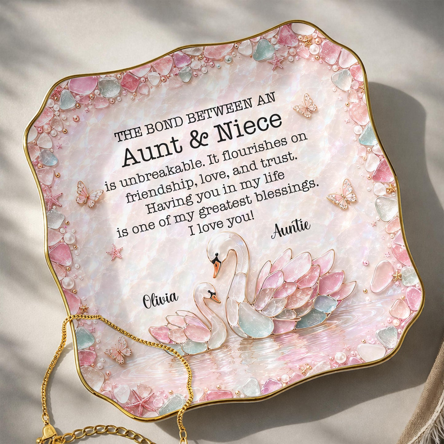 Aunt & Niece Is Unbreakable, Custom Name 3D Sea Glass Swans - Personalized Lace Square Jewelry Dish - NCE098_LCRF