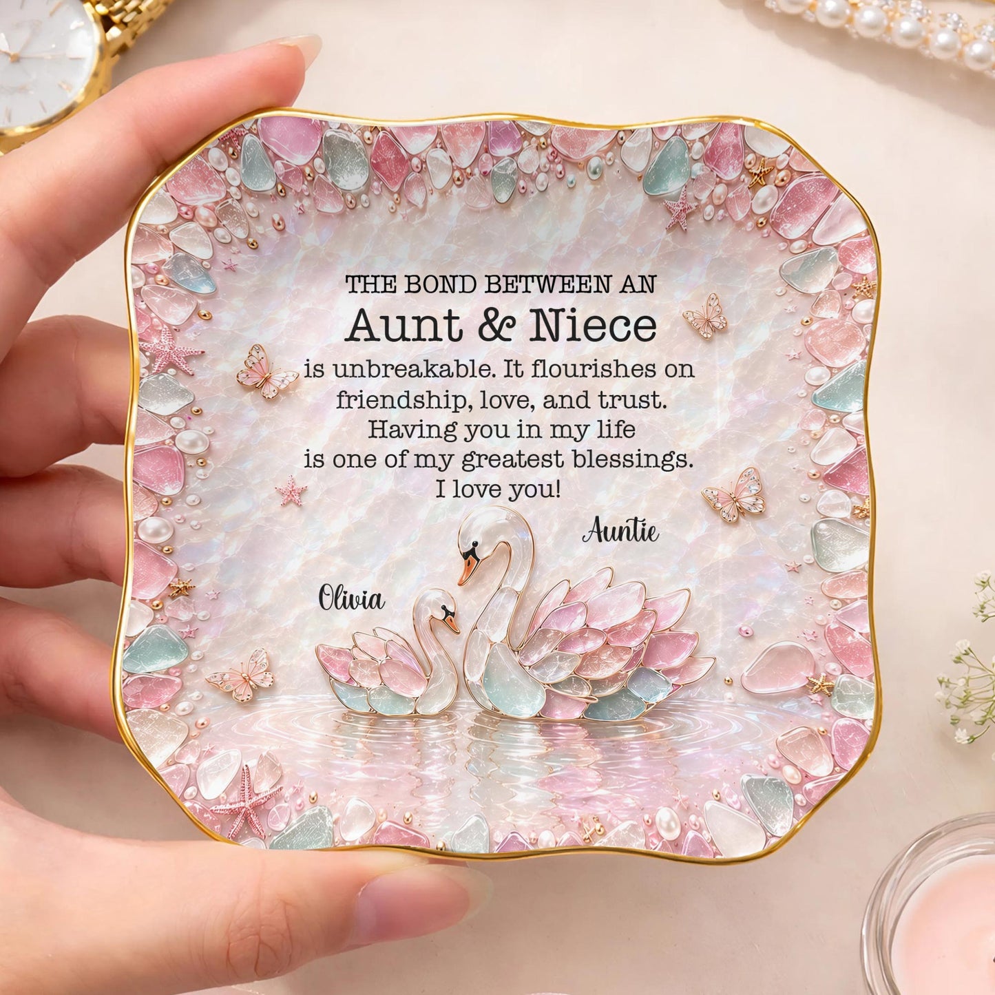 Aunt & Niece Is Unbreakable, Custom Name 3D Sea Glass Swans - Personalized Lace Square Jewelry Dish - NCE098_LCRF