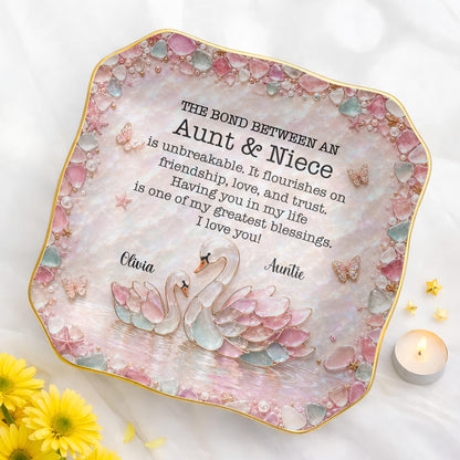 Aunt & Niece Is Unbreakable, Custom Name 3D Sea Glass Swans - Personalized Lace Square Jewelry Dish - NCE098_LCRF