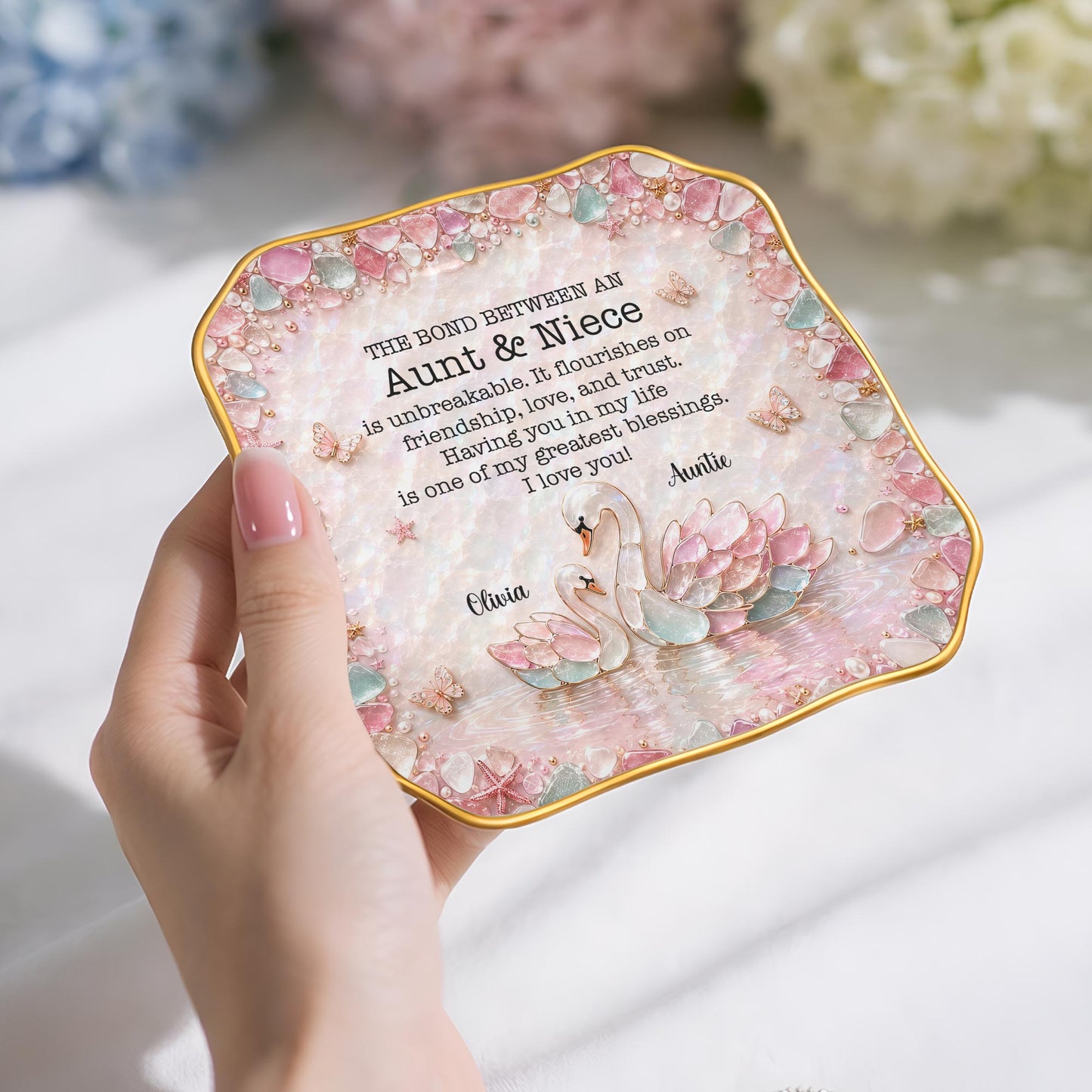 Aunt & Niece Is Unbreakable, Custom Name 3D Sea Glass Swans - Personalized Lace Square Jewelry Dish - NCE098_LCRF