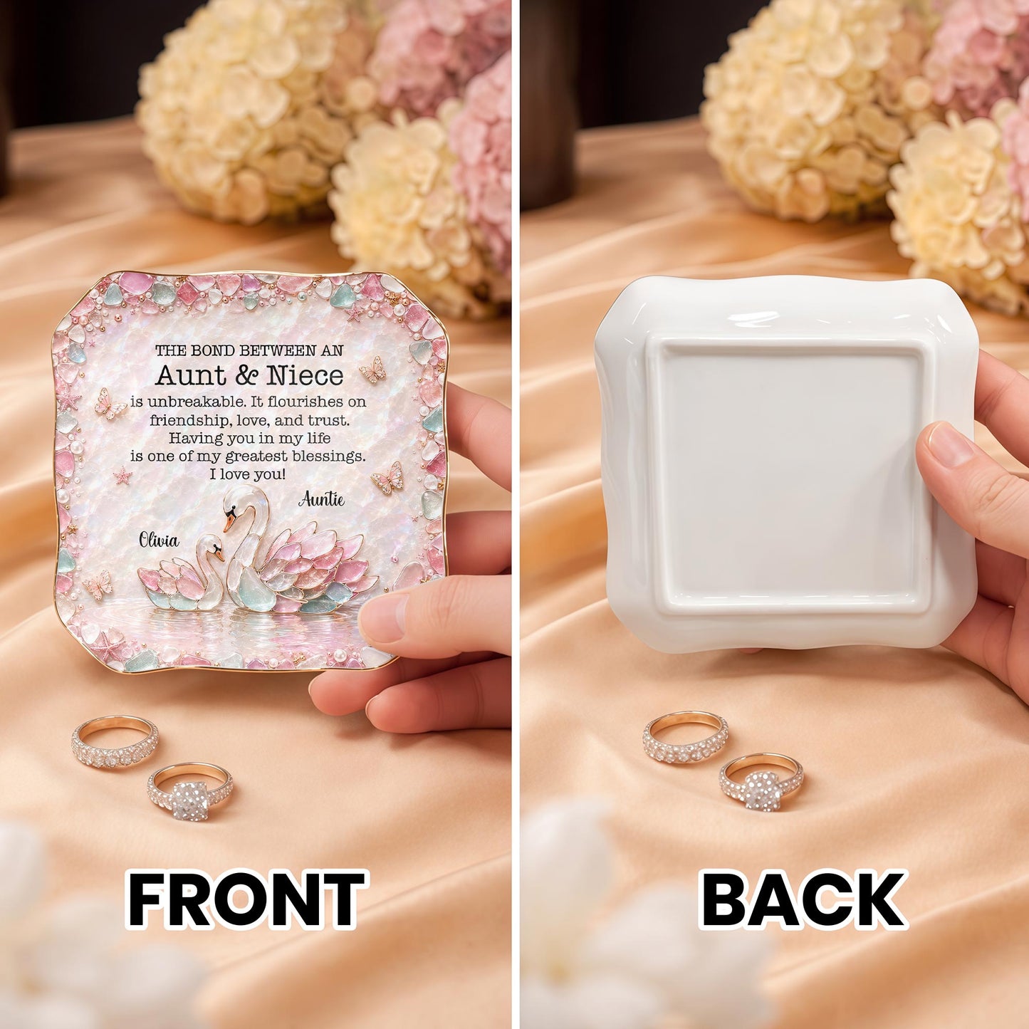 Aunt & Niece Is Unbreakable, Custom Name 3D Sea Glass Swans - Personalized Lace Square Jewelry Dish - NCE098_LCRF