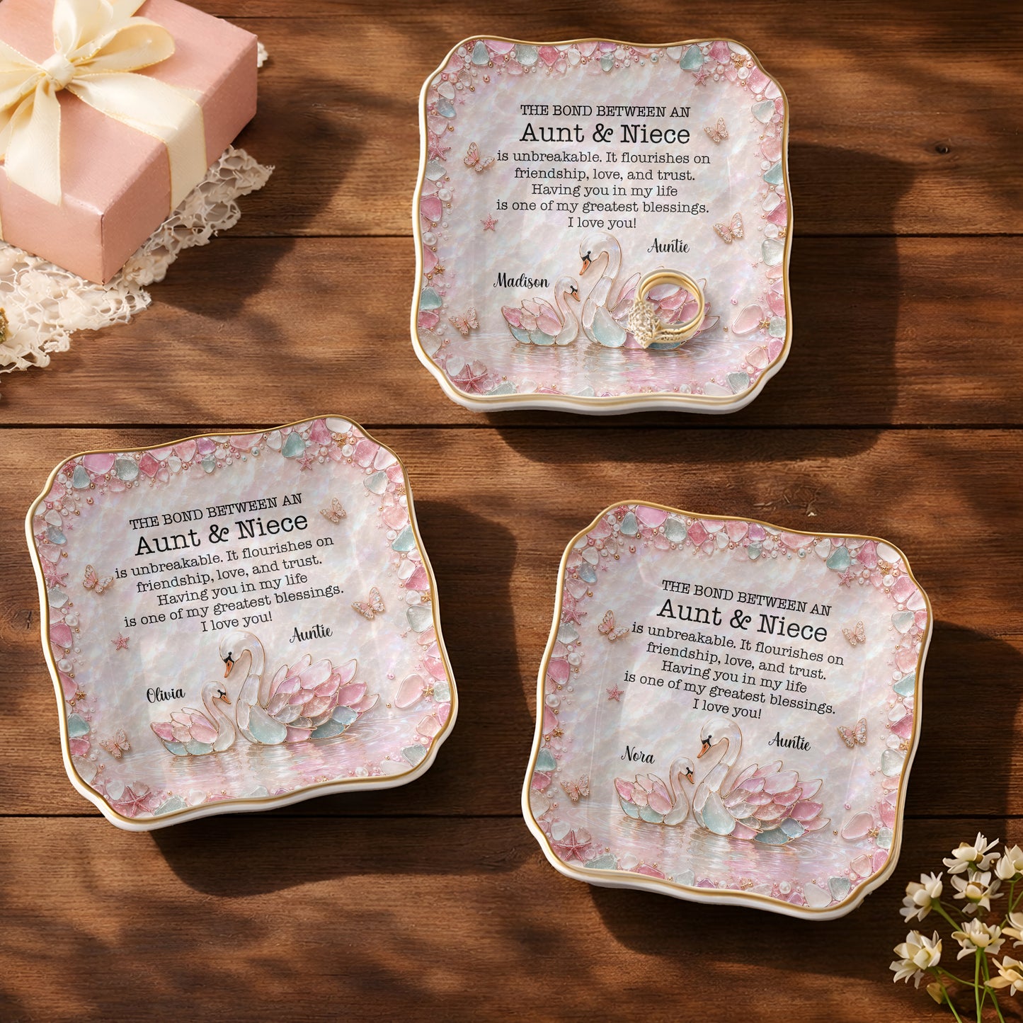 Aunt & Niece Is Unbreakable, Custom Name 3D Sea Glass Swans - Personalized Lace Square Jewelry Dish - NCE098_LCRF