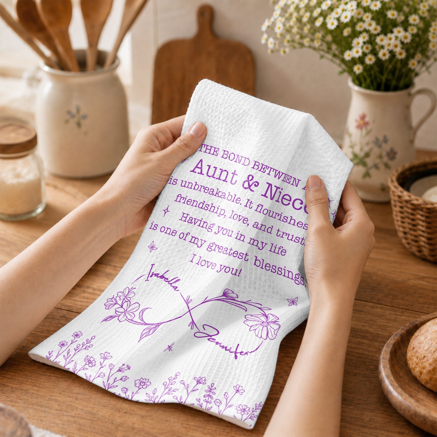 The Bond Between An Aunt And Niece Unbreakable Flowers Design - Personalized Kitchen Towel - NCE102_TOWL