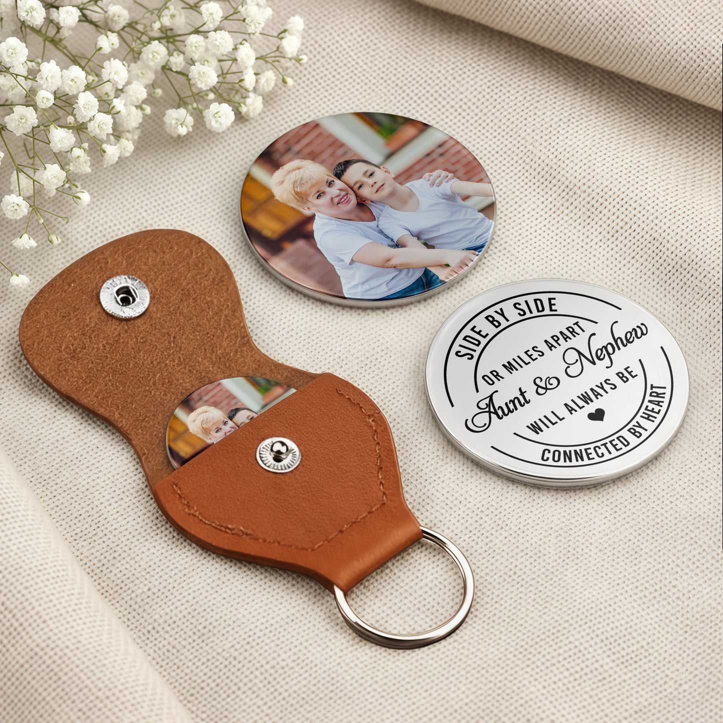 Side By Side Or Miles Apart Aunt And Nephew Heart Photo Keychain - Personalized Custom Pocket Hug - NEP006_HTOK