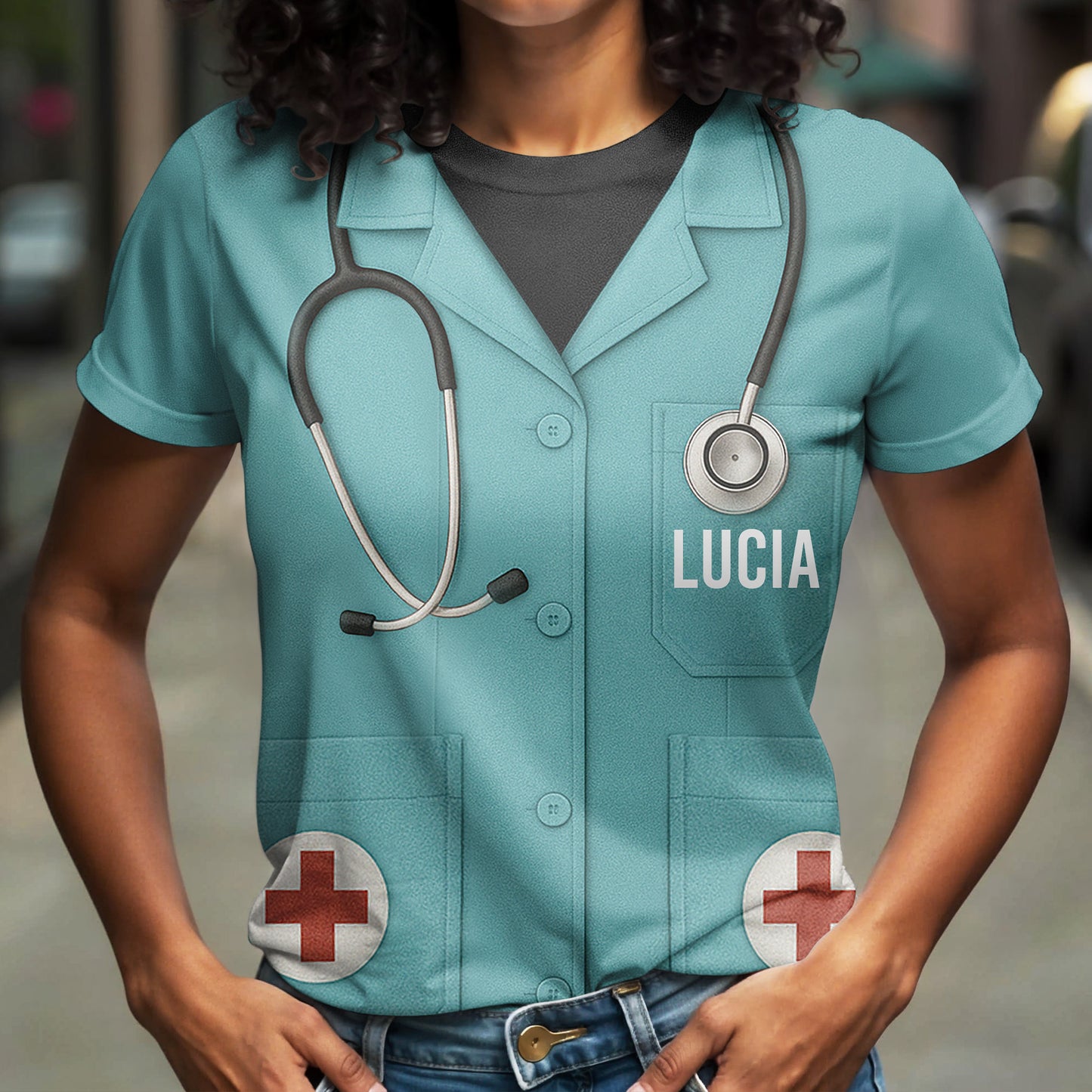 Customizable Nurse Station Uniform Printed T-Shirt With Stethoscope