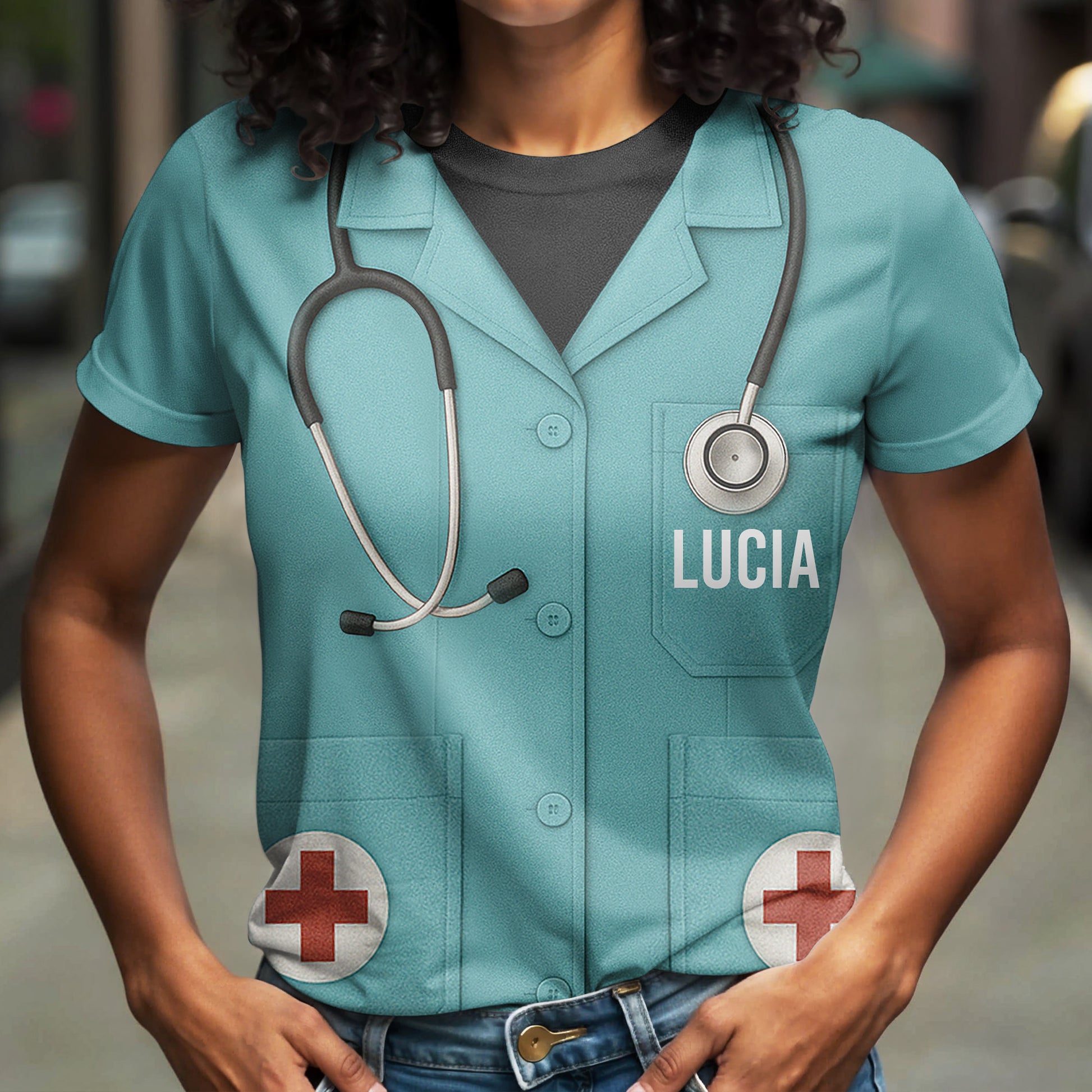 Customizable Nurse Station Uniform Printed T-Shirt With Stethoscope