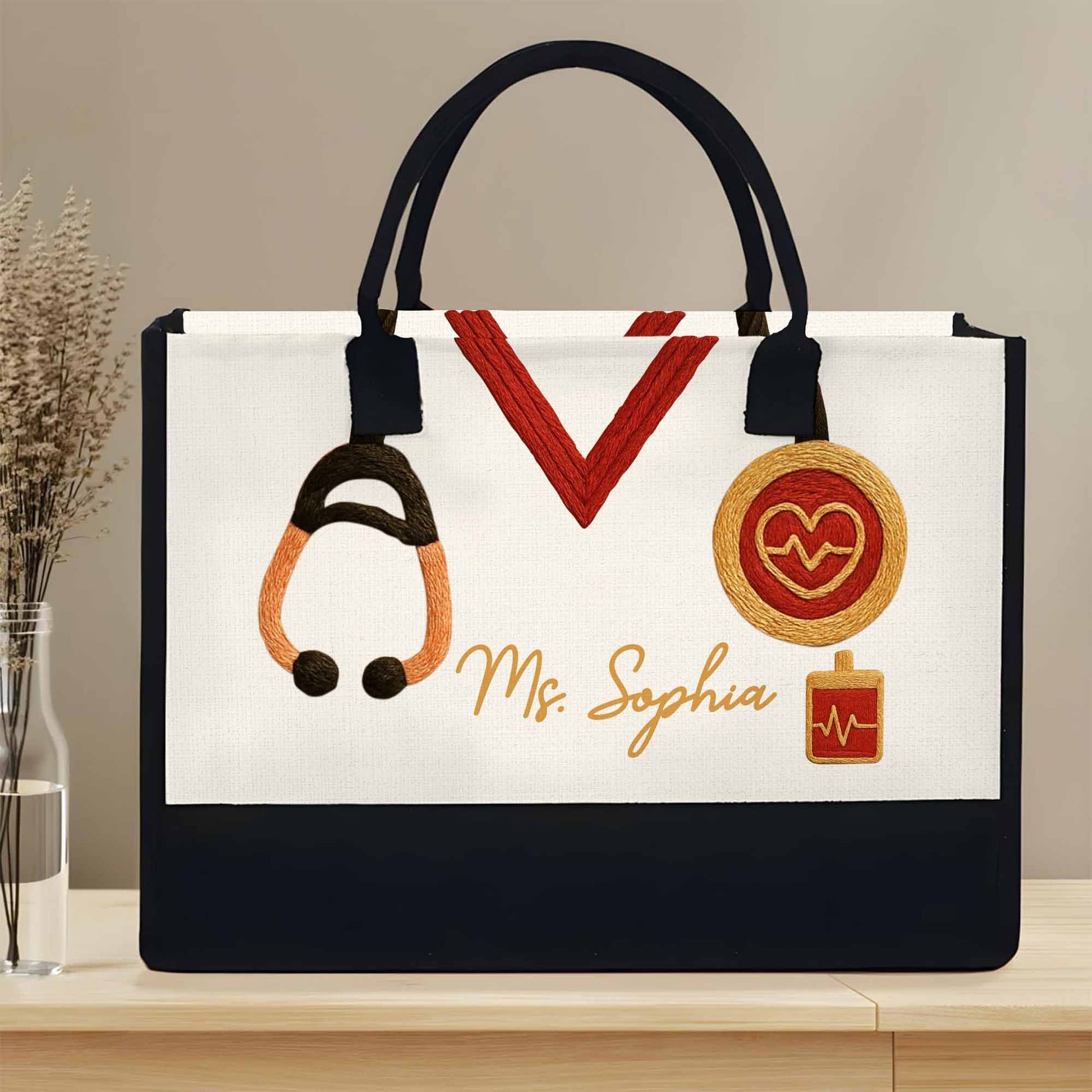 Customizable Tote With Letter, Stethoscope, Heart, And Suitcase