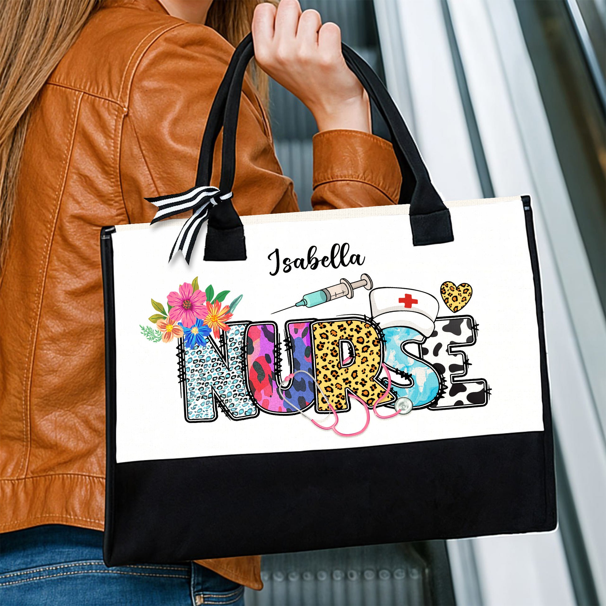 Nurse Artistic Design Tote With Flowers, Medical Symbols