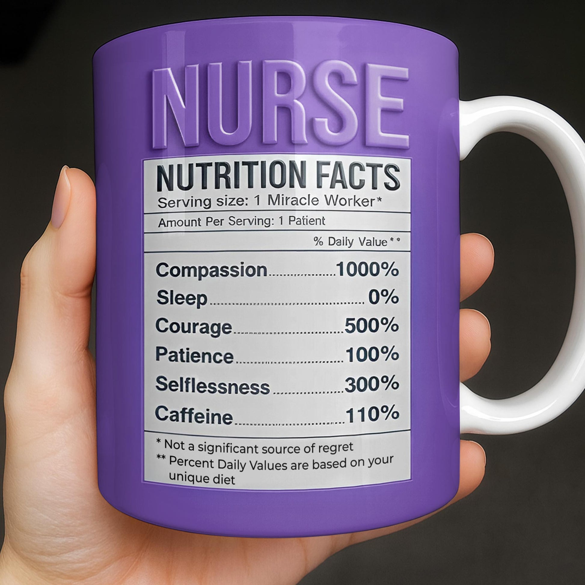 Nurse Nutrition Facts Compassion, Sleep, Courage Mug Design