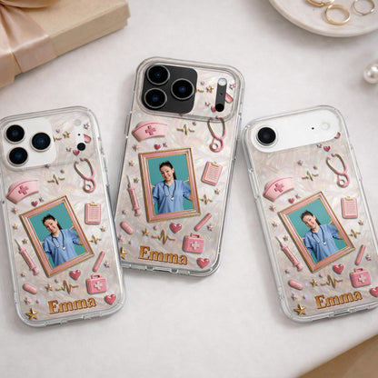 Dedicated To A Life Of Healing Mother Of Pearl Mosaic Nurse Icons - Personalized Clear Phone Case - NUR067_PHC