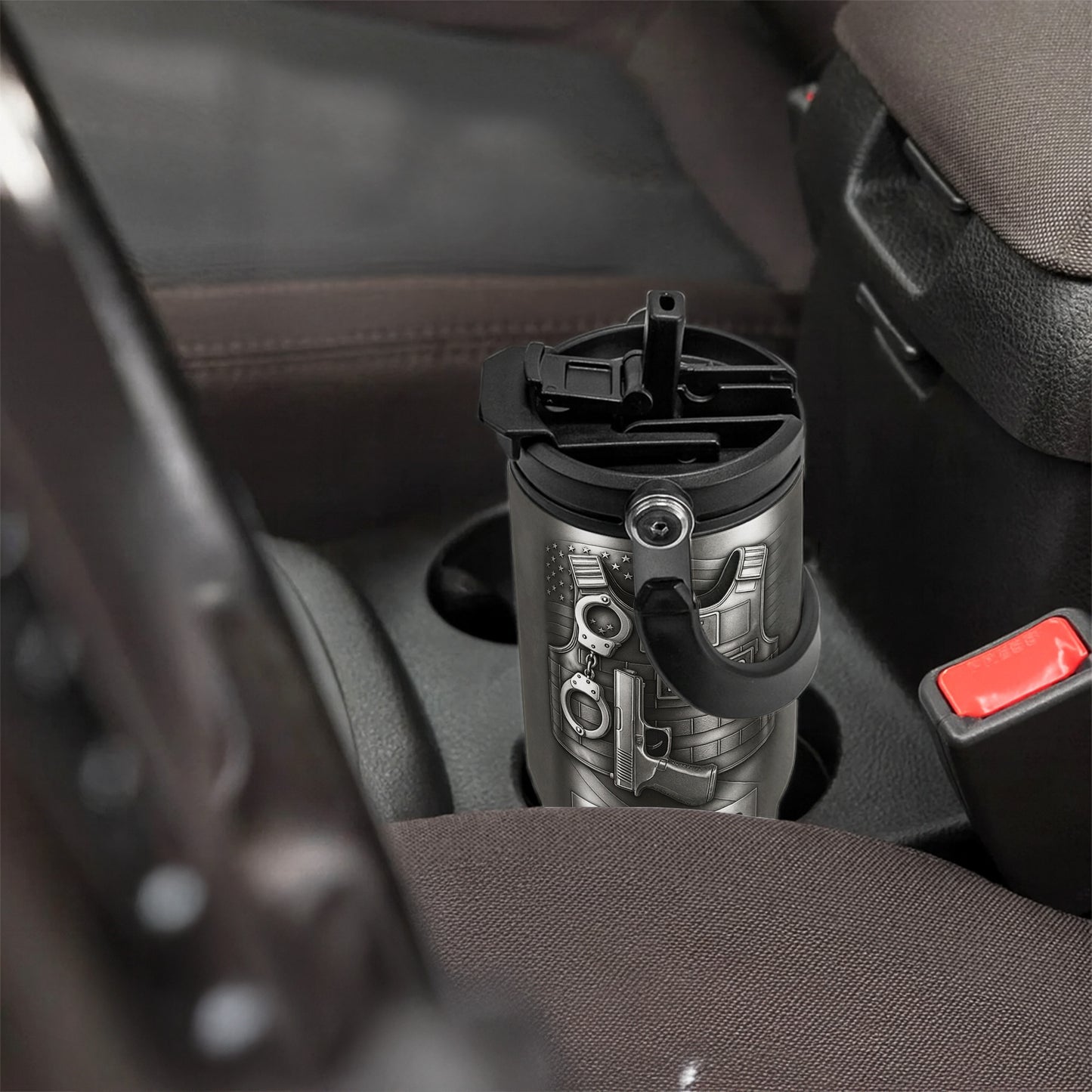 To A Courageous Officer With Badge, Handcuffs, And Gun - Personalized 30oz Tumbler With Handle - OFC025_TBH