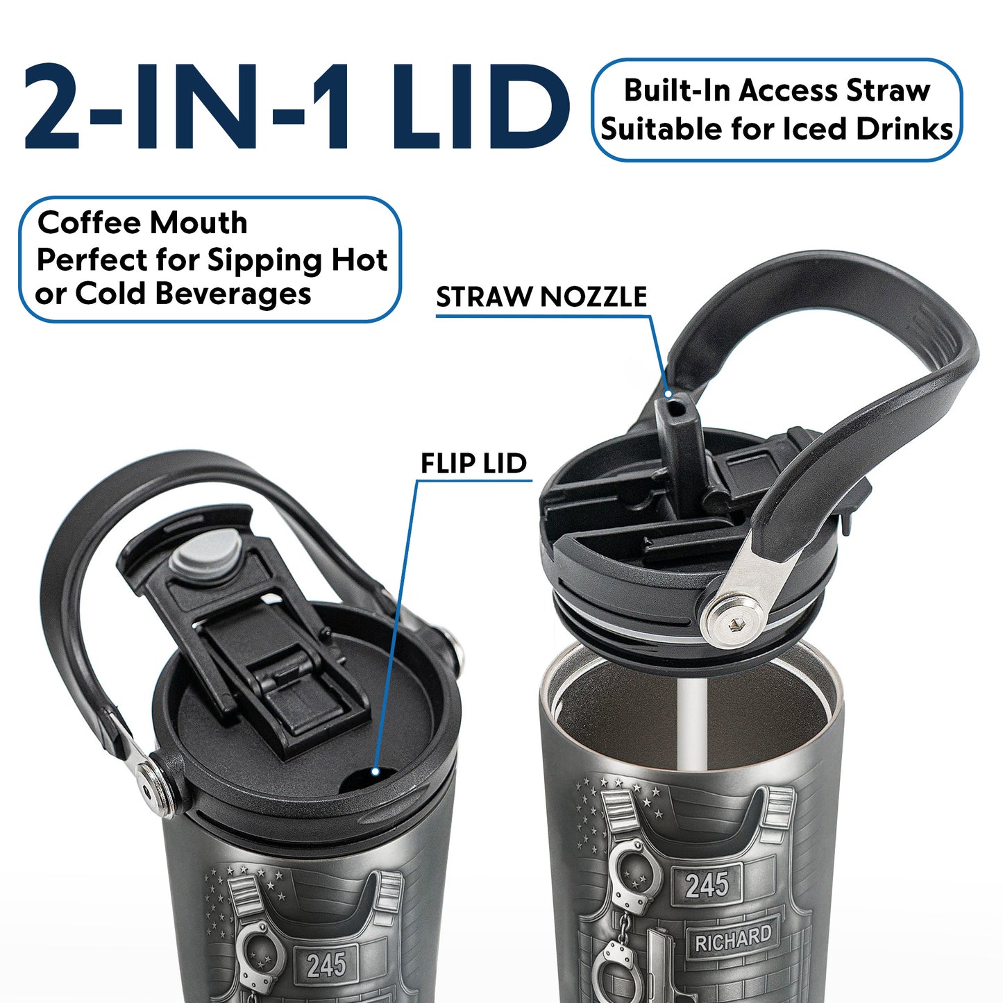 To A Courageous Officer With Badge, Handcuffs, And Gun - Personalized 30oz Tumbler With Handle - OFC025_TBH