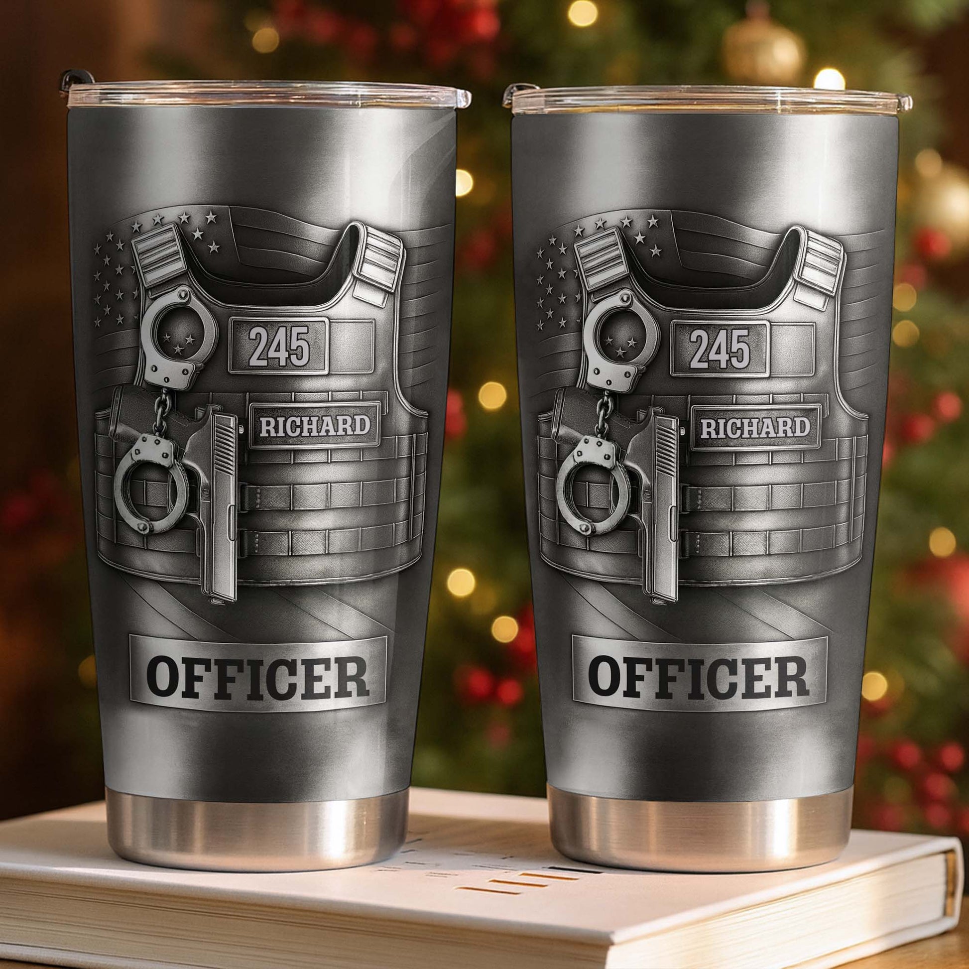 Beloved Officer Personalized Tumbler With Police Badge, Handcuffs, Pistol