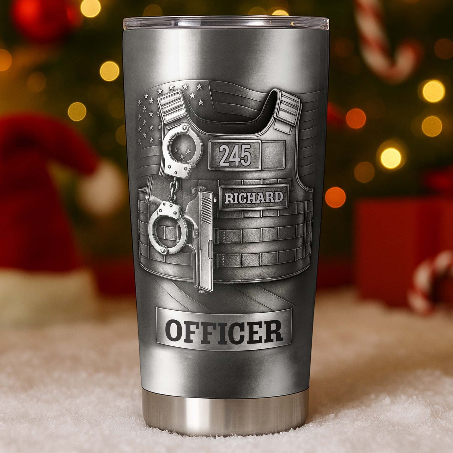 Beloved Officer Personalized Tumbler With Police Badge, Handcuffs, Pistol