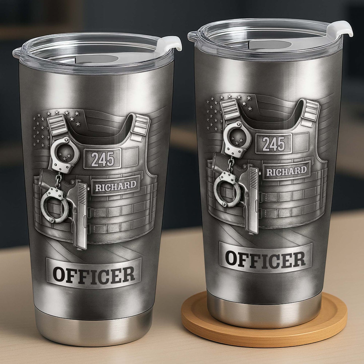 Beloved Officer Personalized Tumbler With Police Badge, Handcuffs, Pistol