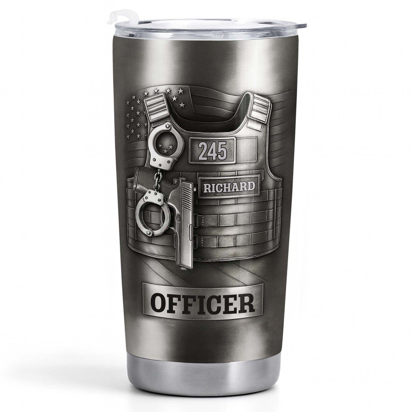 Beloved Officer Personalized Tumbler With Police Badge, Handcuffs, Pistol