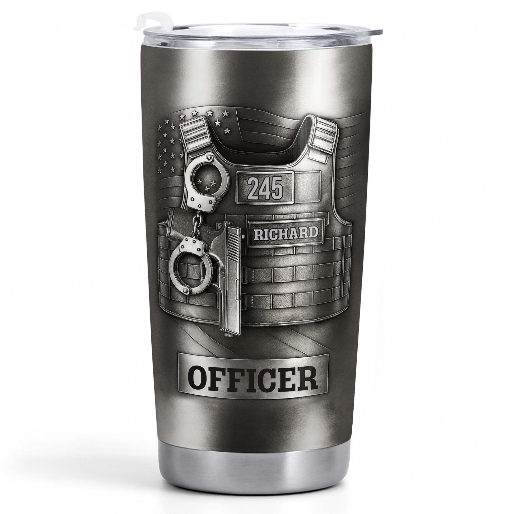 Beloved Officer Personalized Tumbler With Police Badge, Handcuffs, Pistol