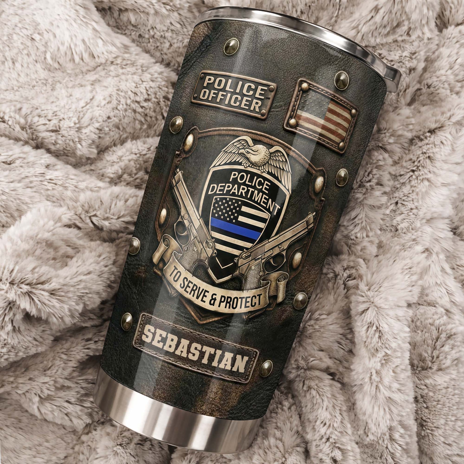 To Serve and Protect Police Officer Badge With American Flag And Guns