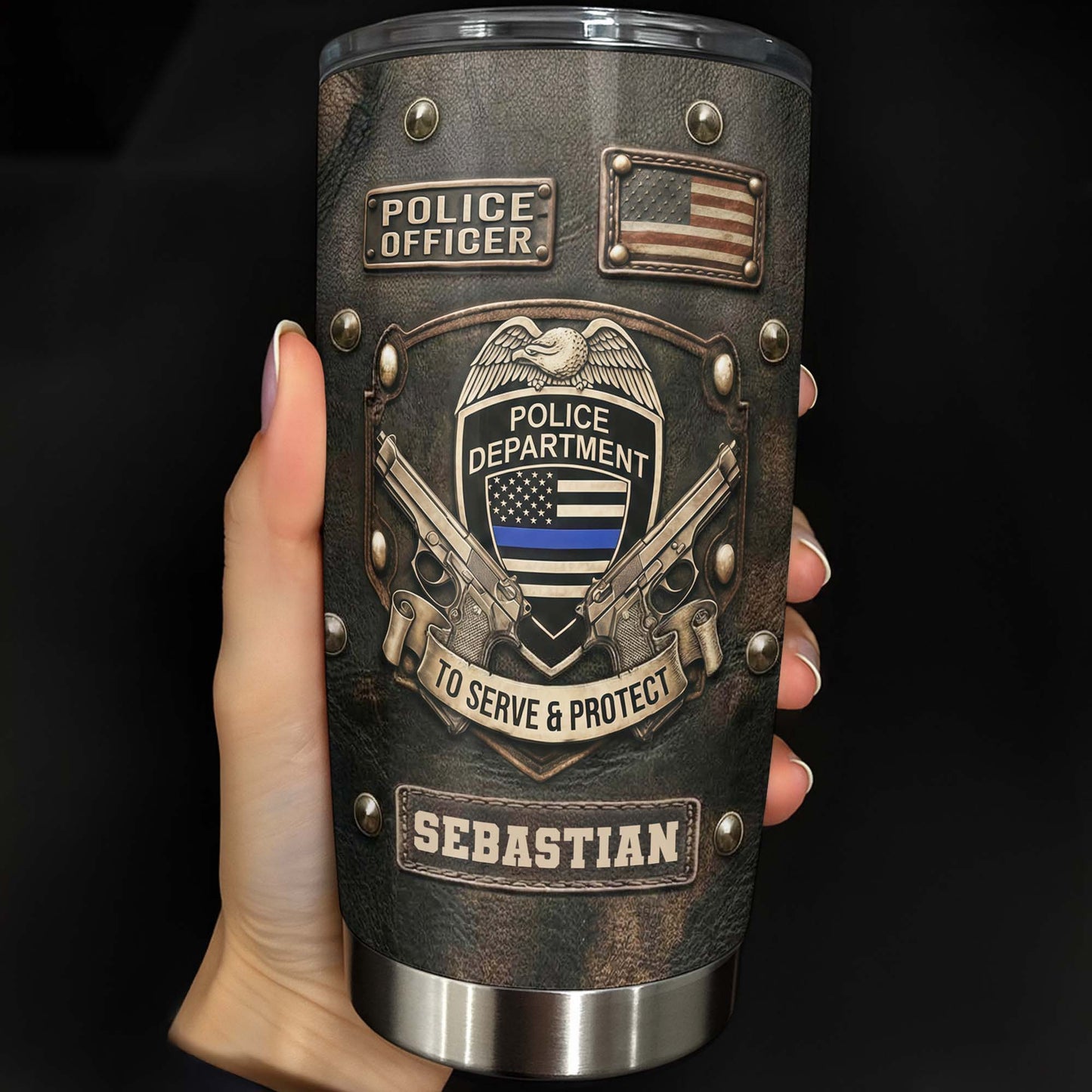 To Serve and Protect Police Officer Badge With American Flag And Guns