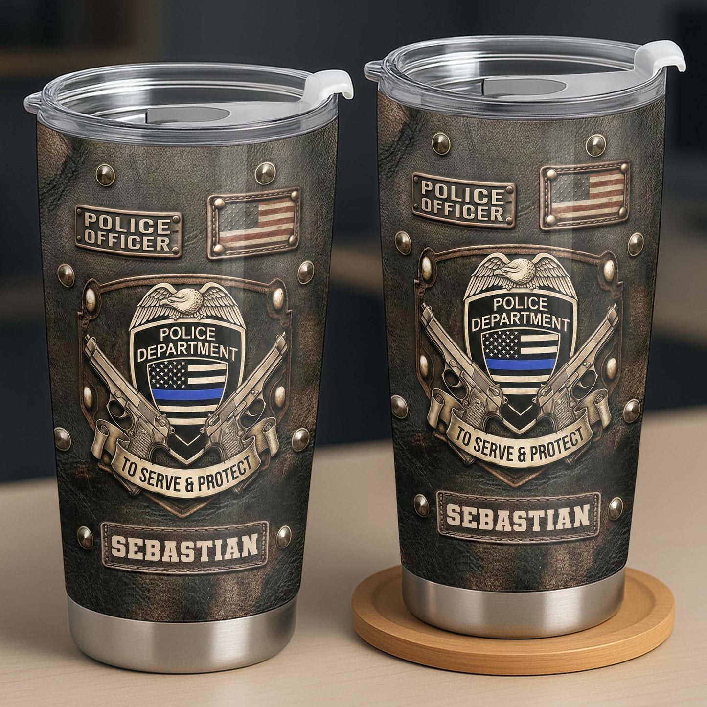 To Serve and Protect Police Officer Badge With American Flag And Guns