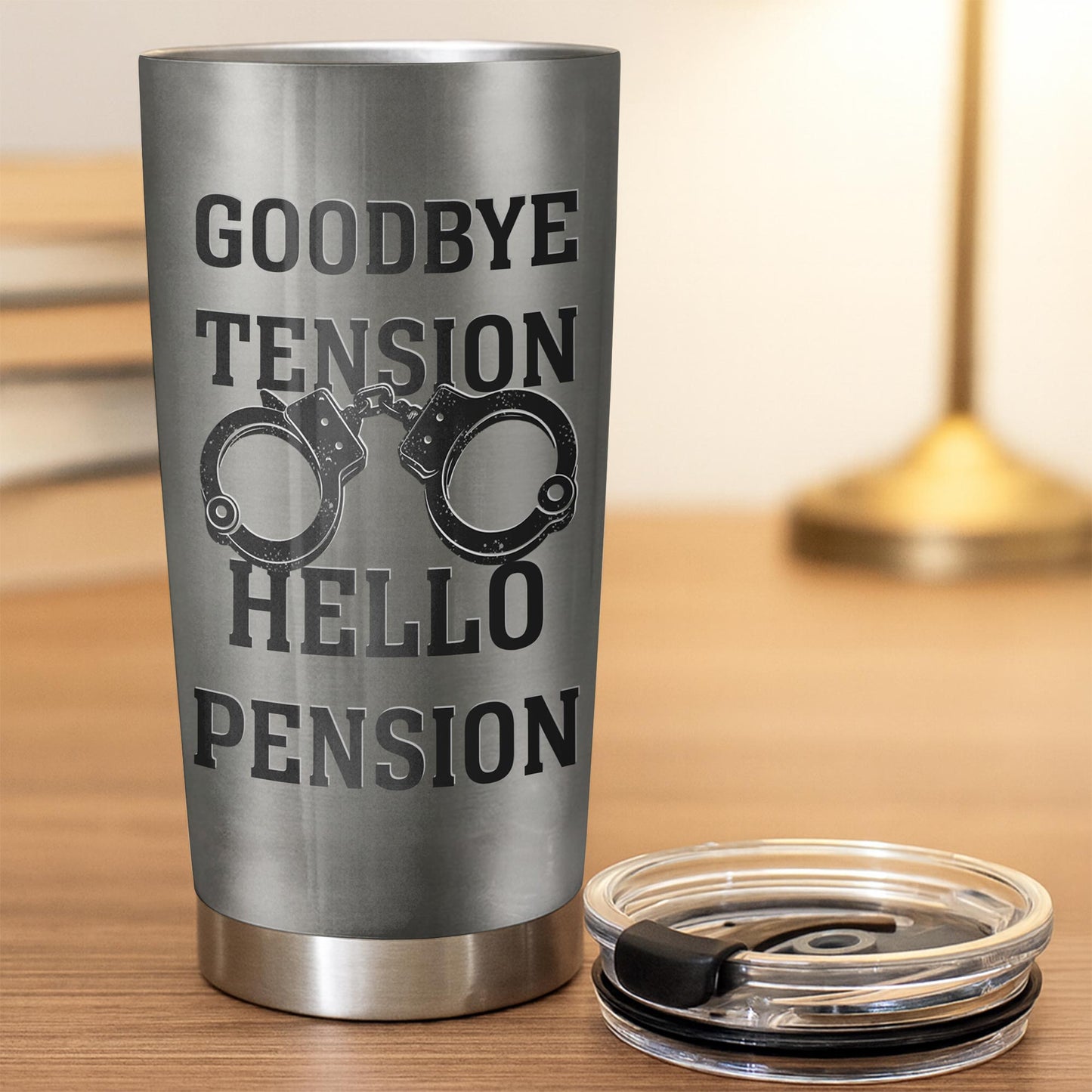 Officer Goodbye Tension Hello Pension Police Vest And Handcuffs - Personalized Custom Stainless Steel Tumbler 20oz 30oz - OFC077_TB