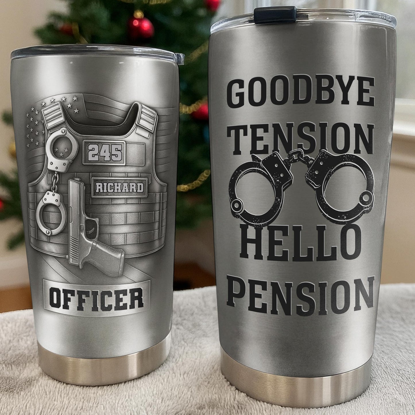 Officer Goodbye Tension Hello Pension Police Vest And Handcuffs - Personalized Custom Stainless Steel Tumbler 20oz 30oz - OFC077_TB