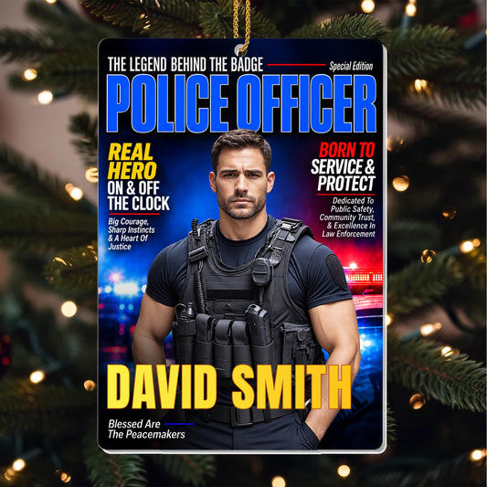 The Legend Behind The Badge Police Office Magazine Cover Photo Upload - Personalized Custom Acrylic Ornament, Christmas Gift - OFC096_ACO