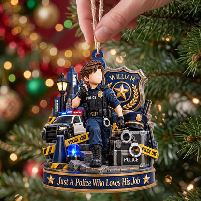 Just A Police Who Loves His Job Officer And Police Car - Personalized Custom Wood Ornament, Custom Shaped - OFC100_WDO
