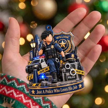 Just A Police Who Loves His Job Officer And Police Car - Personalized Custom Wood Ornament, Custom Shaped - OFC100_WDO