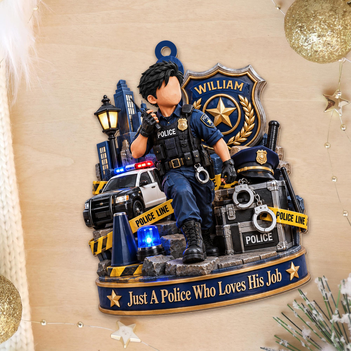Just A Police Who Loves His Job Officer And Police Car - Personalized Custom Wood Ornament, Custom Shaped - OFC100_WDO