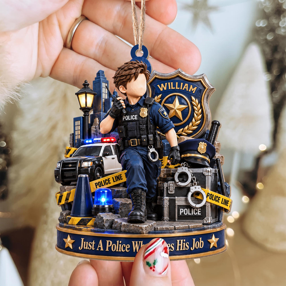 Just A Police Who Loves His Job Officer And Police Car - Personalized Custom Wood Ornament, Custom Shaped - OFC100_WDO