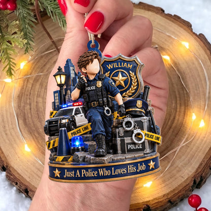 Just A Police Who Loves His Job Officer And Police Car - Personalized Custom Wood Ornament, Custom Shaped - OFC100_WDO