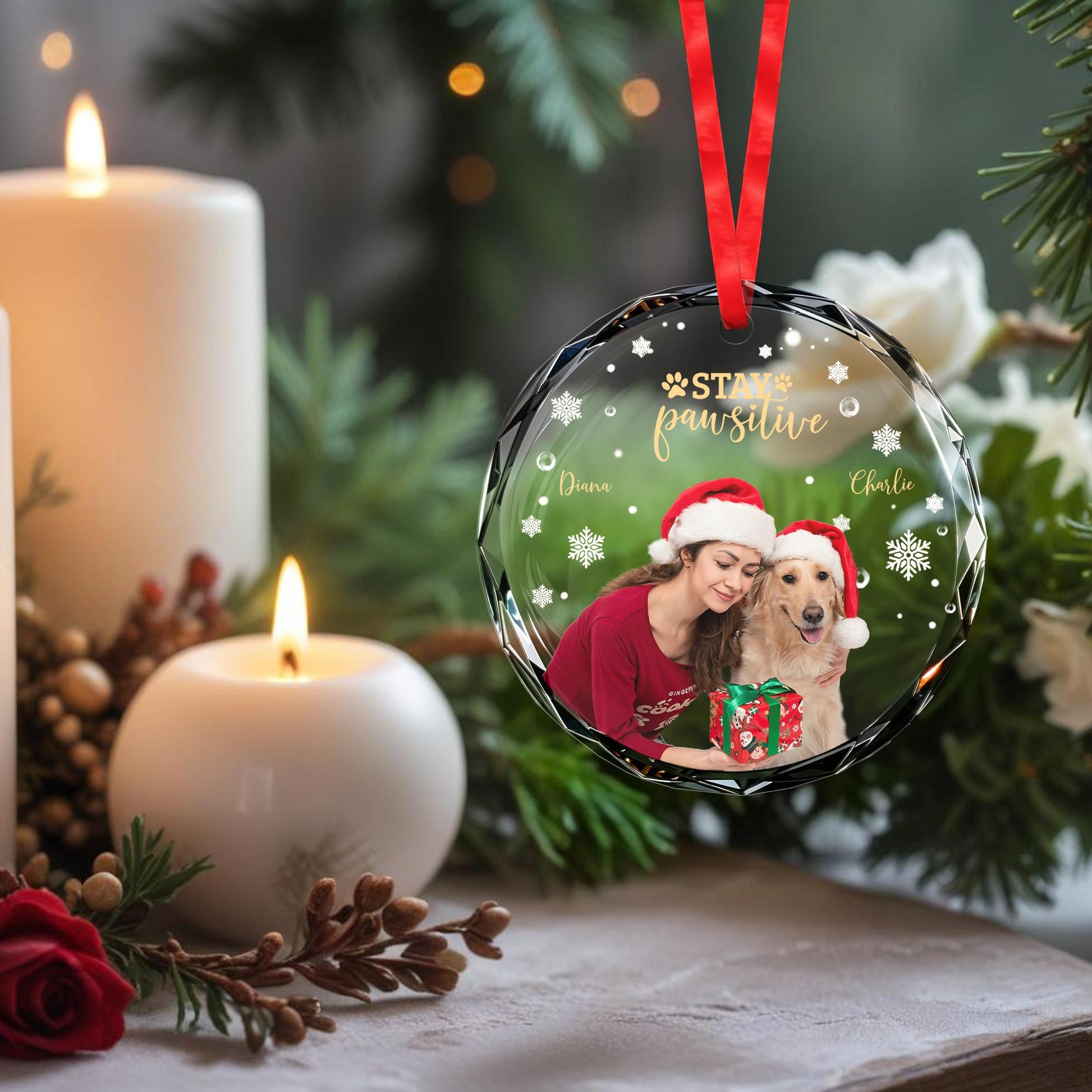 Stay Pawsitive Circle Glass Ornament With Dog