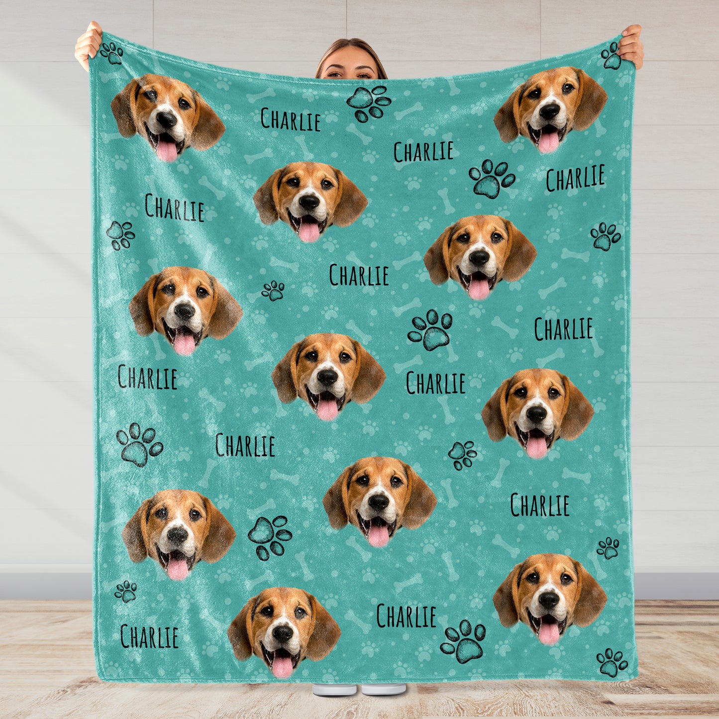 Joyful Dog Portraits And Paw Prints Blanket - Personalized Custom Blanket - PET080_BLK