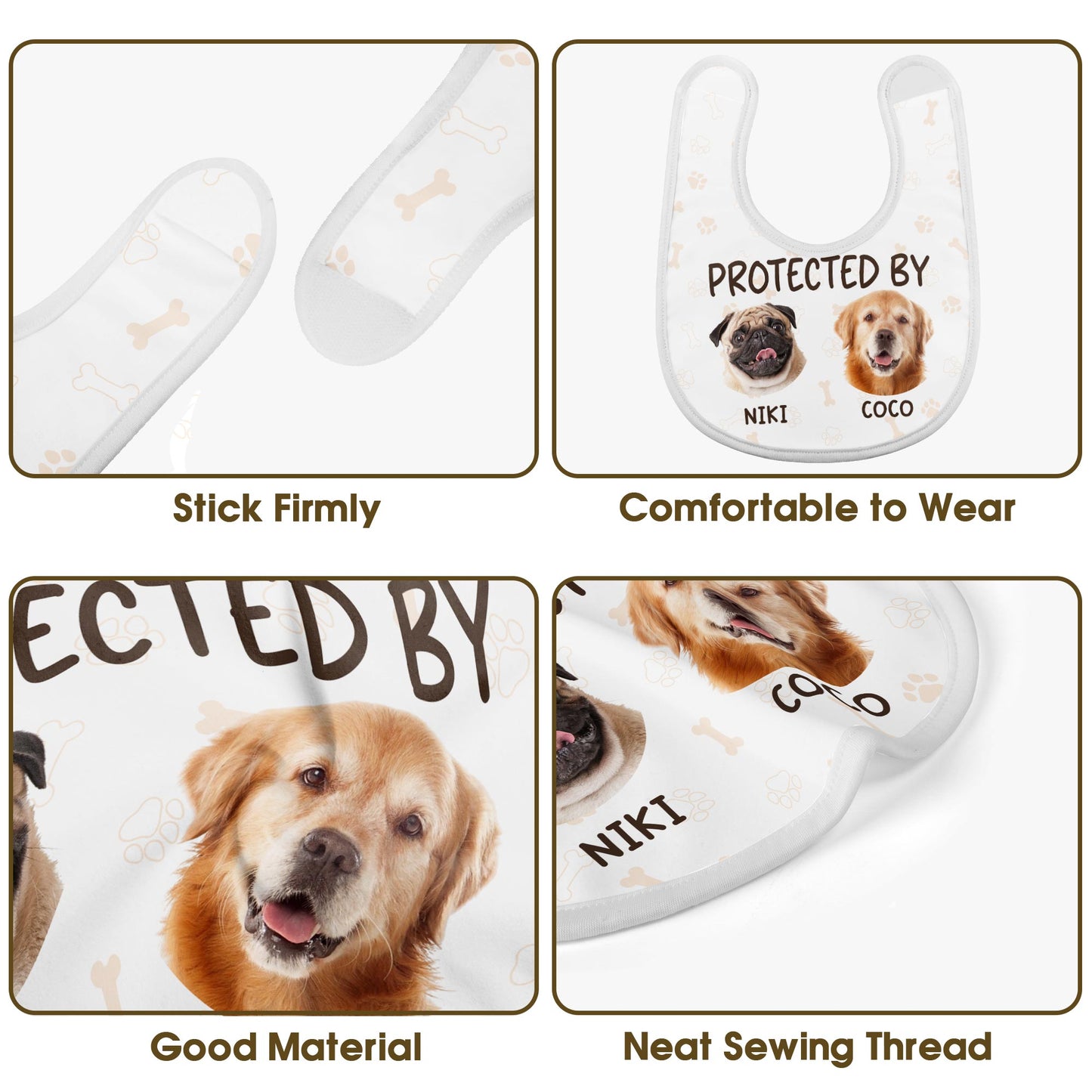 Protégé par Niki et Coco, chiens et empreintes de pattes - Bavoir bébé personnalisé - PET112_BBB