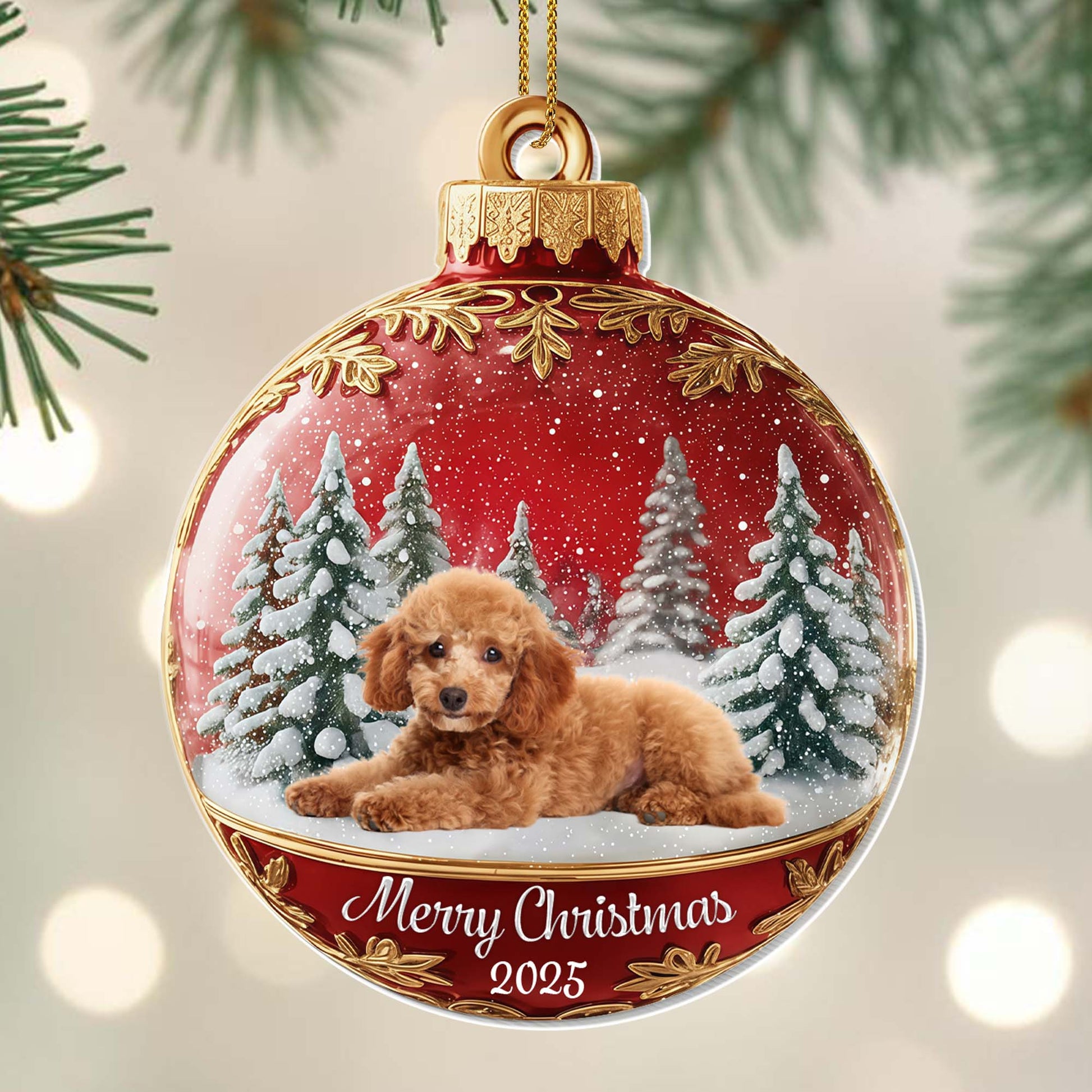 Merry Christmas With Cute Dog And Snowy Trees