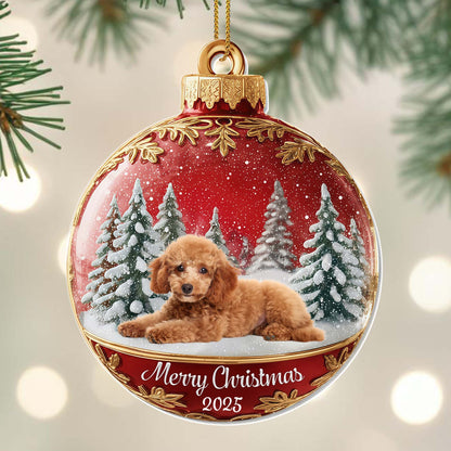 Merry Christmas With Cute Dog And Snowy Trees