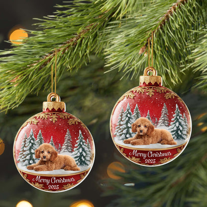 Merry Christmas With Cute Dog And Snowy Trees