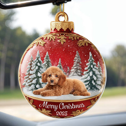 Merry Christmas With Cute Dog And Snowy Trees