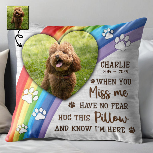 When You Miss Me Hug This Pillow, Paws and Rainbow Heart