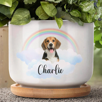 Customize With Your Pet's Name, Dog, Rainbow And Clouds - Personalized Ceramic Plant Pot - PME033_CEP