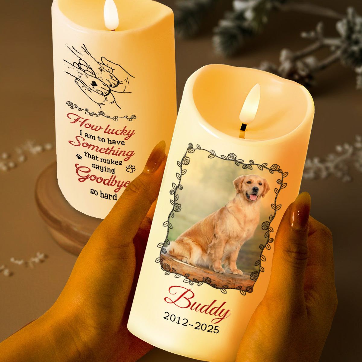 How Lucky I Am, Dog And Paws Memorial Candle - Personalized Custom LED Candle - PME083_LECA