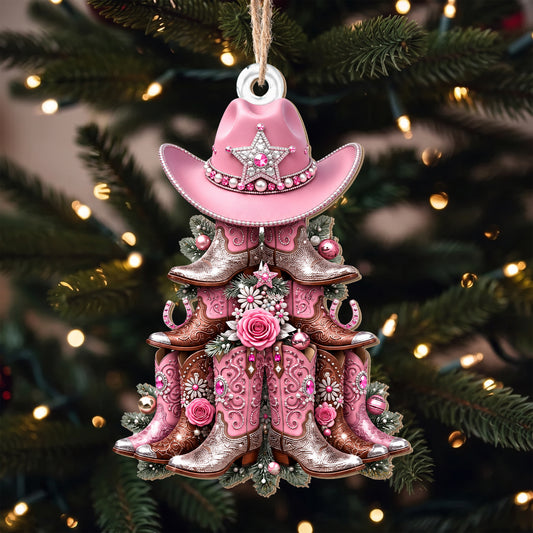 Howdy Western Christmas Cowgirl Boots And Hat Tree Design - Personalized Custom Wood Ornament, Custom Shaped - DTG147_WDO