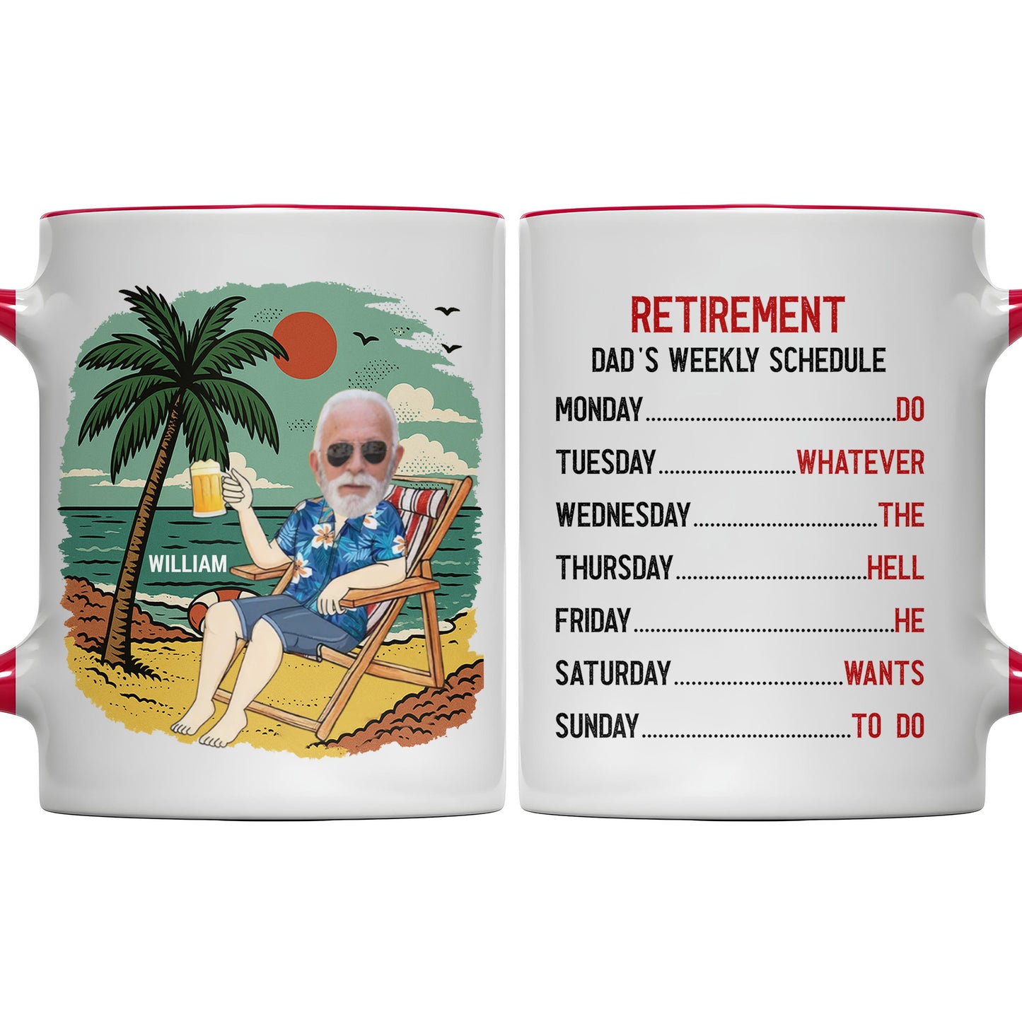 Détendez-vous et savourez votre boisson, motif palmier et plage – Tasse personnalisée avec accents – RETIRE003_AMUG