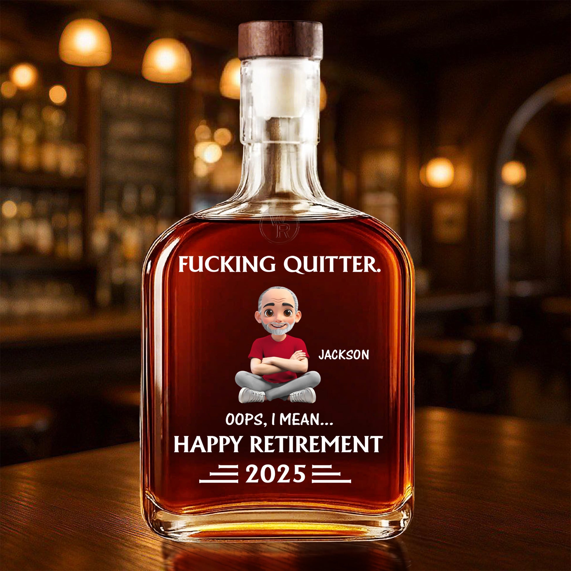 Happy Retirement, Cartoon Character On A Whiskey Bottle