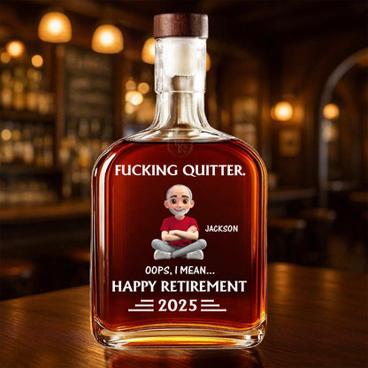 Happy Retirement, Cartoon Character On A Whiskey Bottle