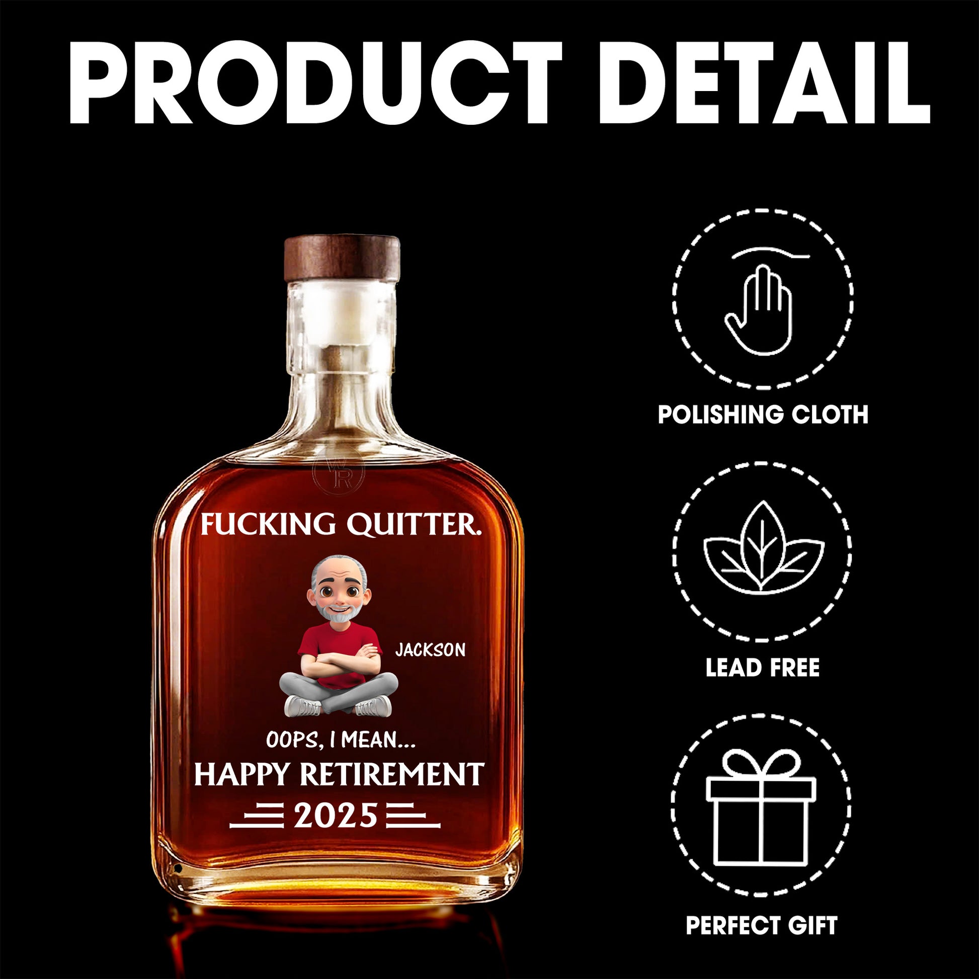 Happy Retirement, Cartoon Character On A Whiskey Bottle
